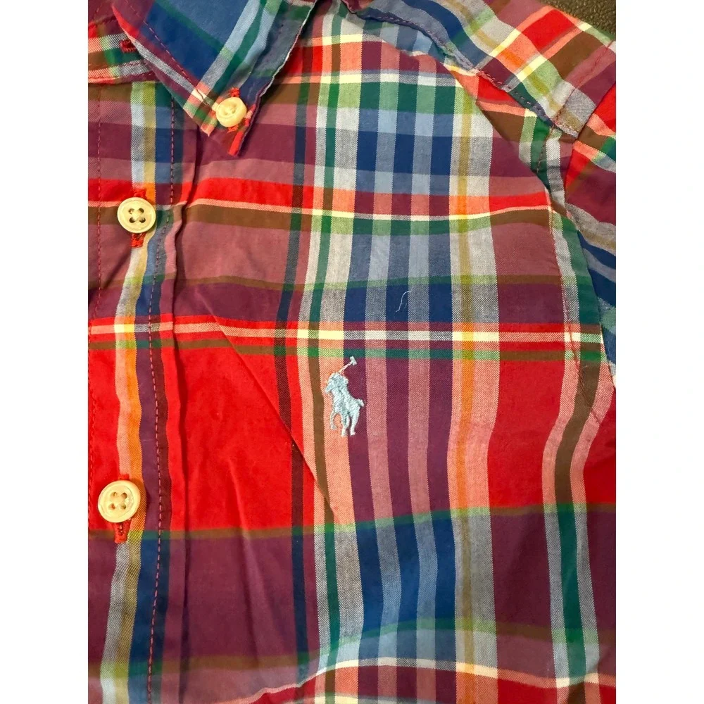 Ralph Lauren Boys 2/2T Button Down Shirt Red Blue Plaid Natural Stretch Long Sle
